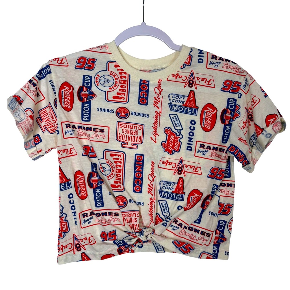 Disney Cars Radiator Springs Signs Crop Top Shirt Rust-eze Dinoco Tie Front XS